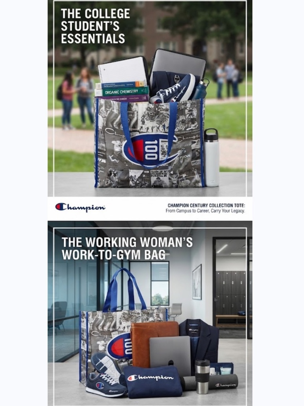 Champion 100th Anniversary Tote", "Century Collection Collage Bag"